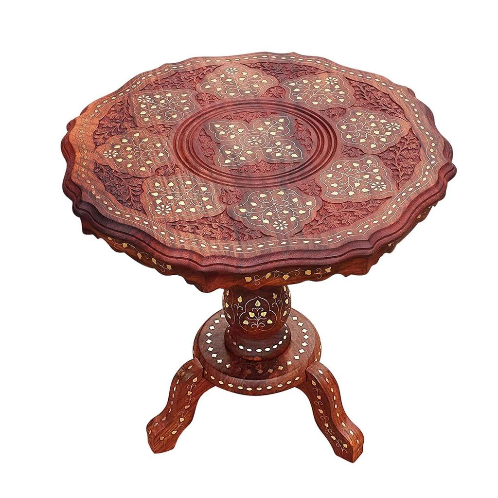 Sheesham Wooden Side Table with Brass Carving – 21x21 Inch Round Coffee Table, Handcrafted Living Room & Outdoor Accent Table