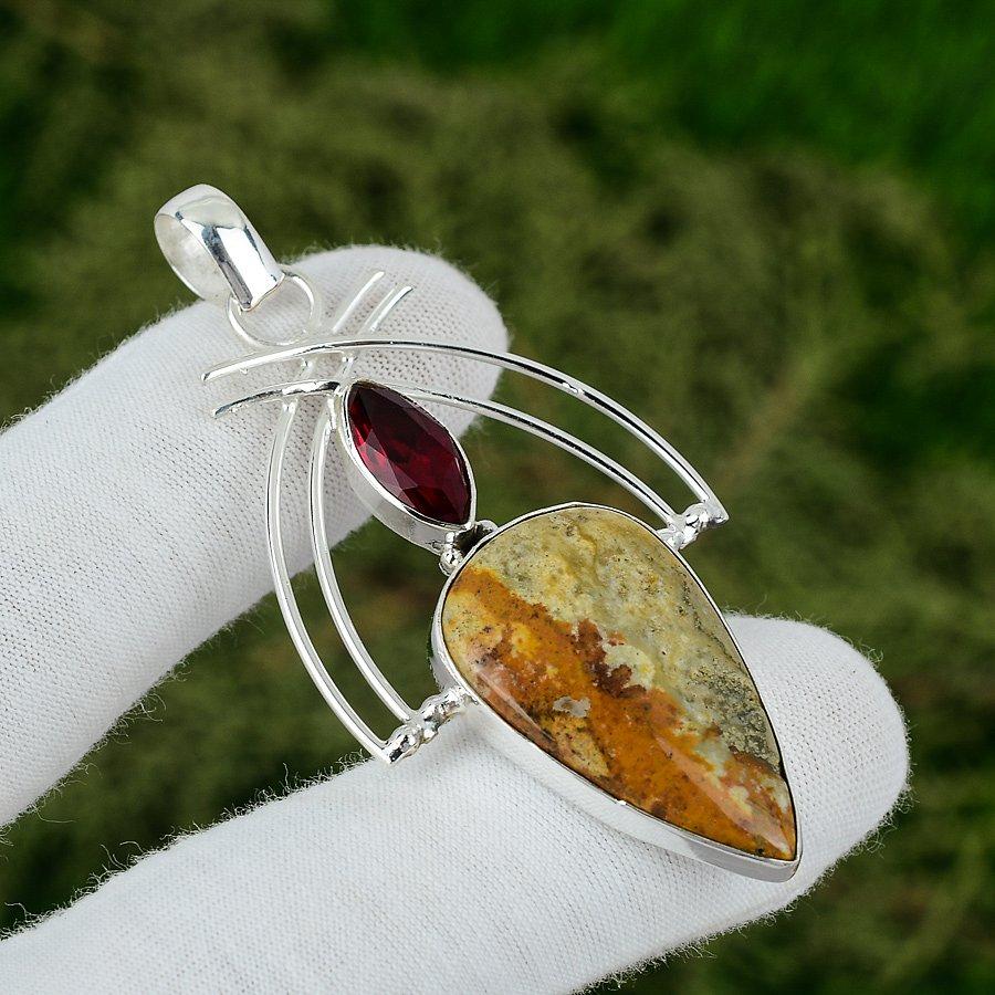 Picture Jasper Gemstone Mozambique Garnet 925 Sterling Silver Unique New Pendant