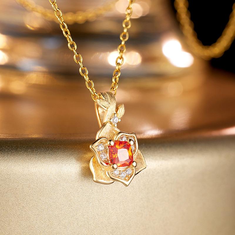 

925 Sterling silver pendant inlaid orange zirconium brushed temperament flower necklace