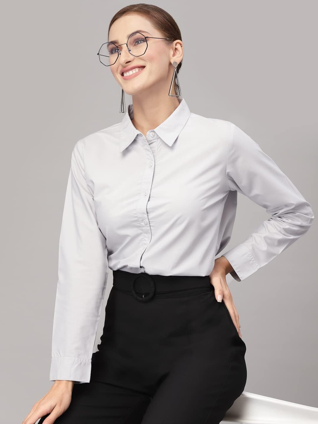 Style Quotient Women Solid Grey Polycotton Regular Formal Shirt M