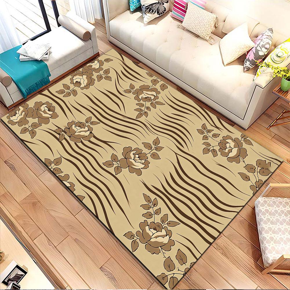 Floral Waves On Taupe Background Patterned Carpet, Non Slip Mat Suitable for Living Room and Bedroom Sofas
