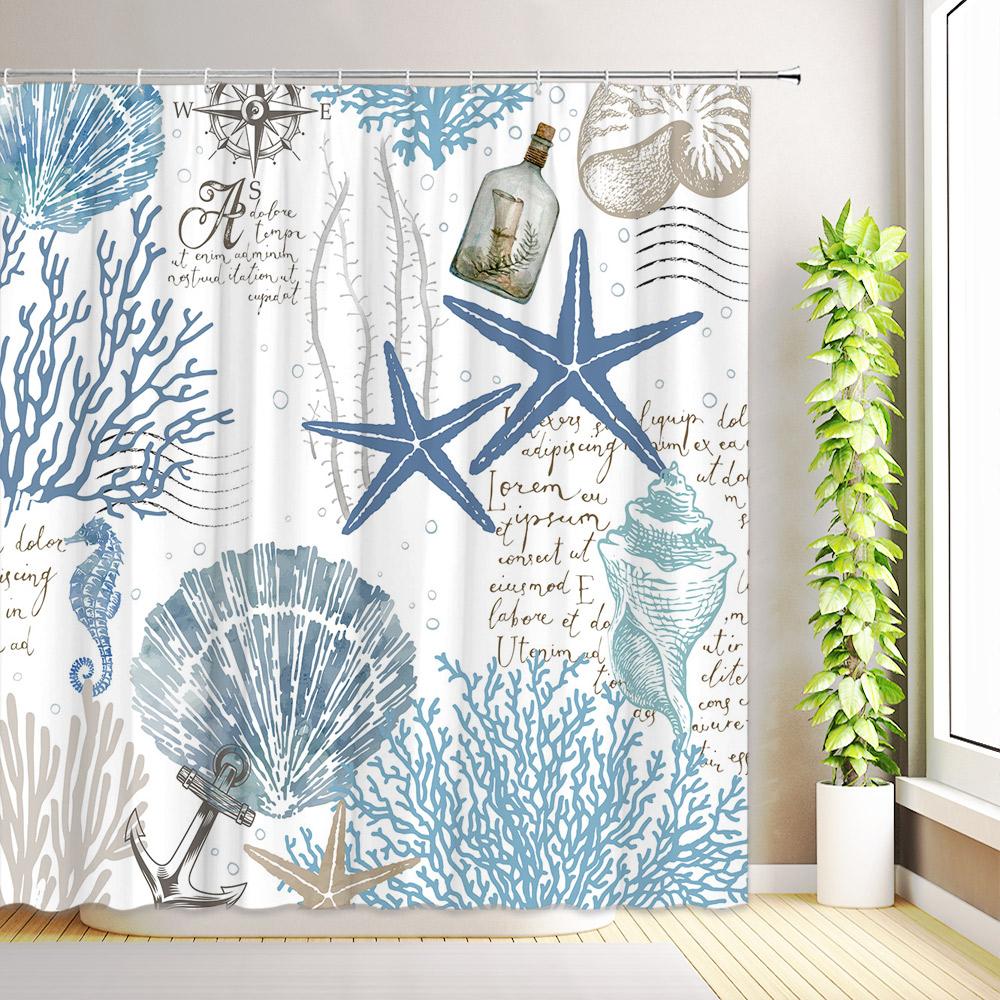 Nautical Coastal Shower Curtain Ocean Beach Seashell Starfish Coral Seahorse Octopus Underwater World Bathroom Decor with Hooks