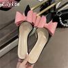 Fashion Eilyken Silk Satin Pointed Toe Women Slipper Fashion Butterfly-knot Shallow Slip On Ladies Mules Low High Slides Shoes