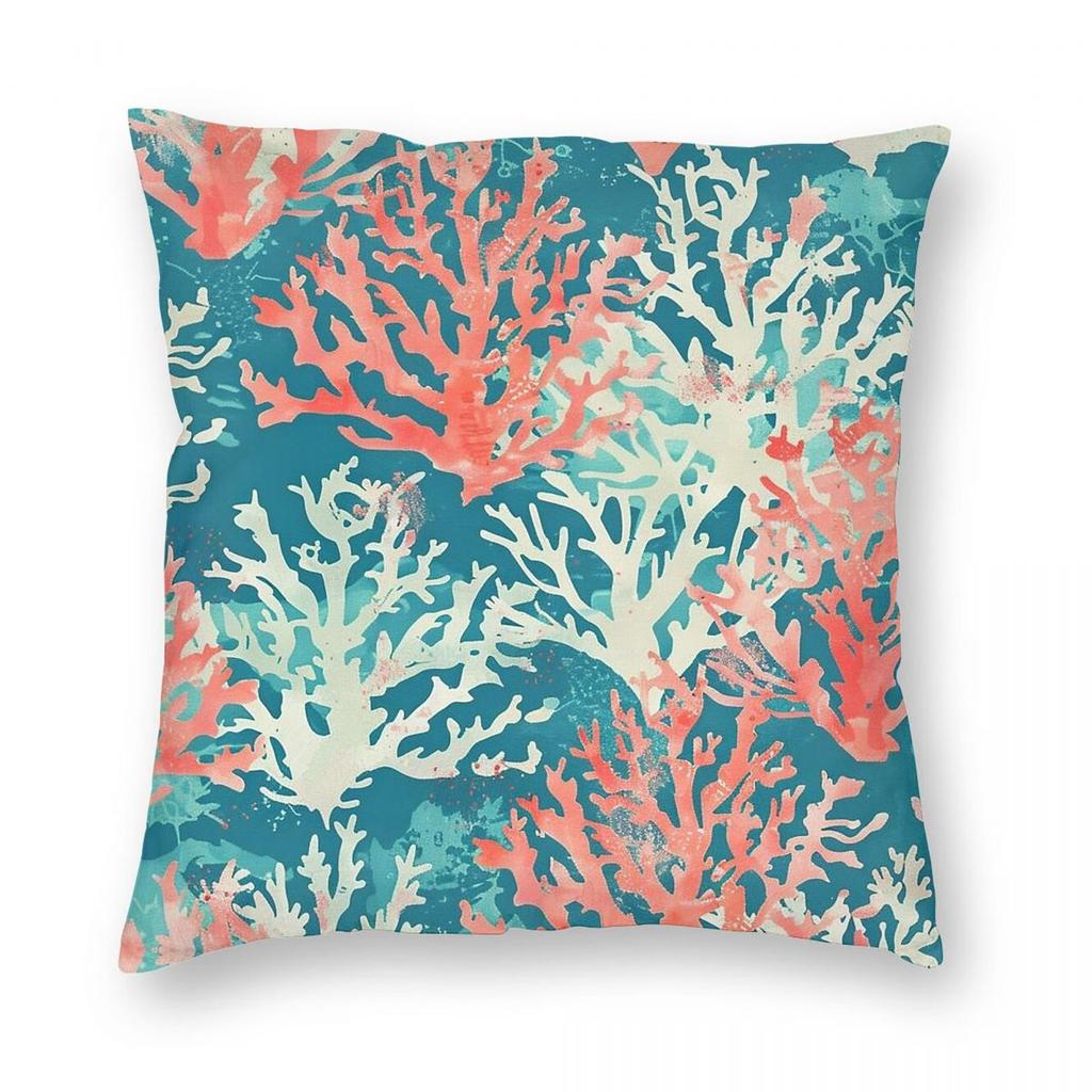 Teal Coral Reef Pattern Square Pillowcase Polyester Linen Velvet Pattern Zip Decorative Pillow Case Sofa Seater Cushion Cover