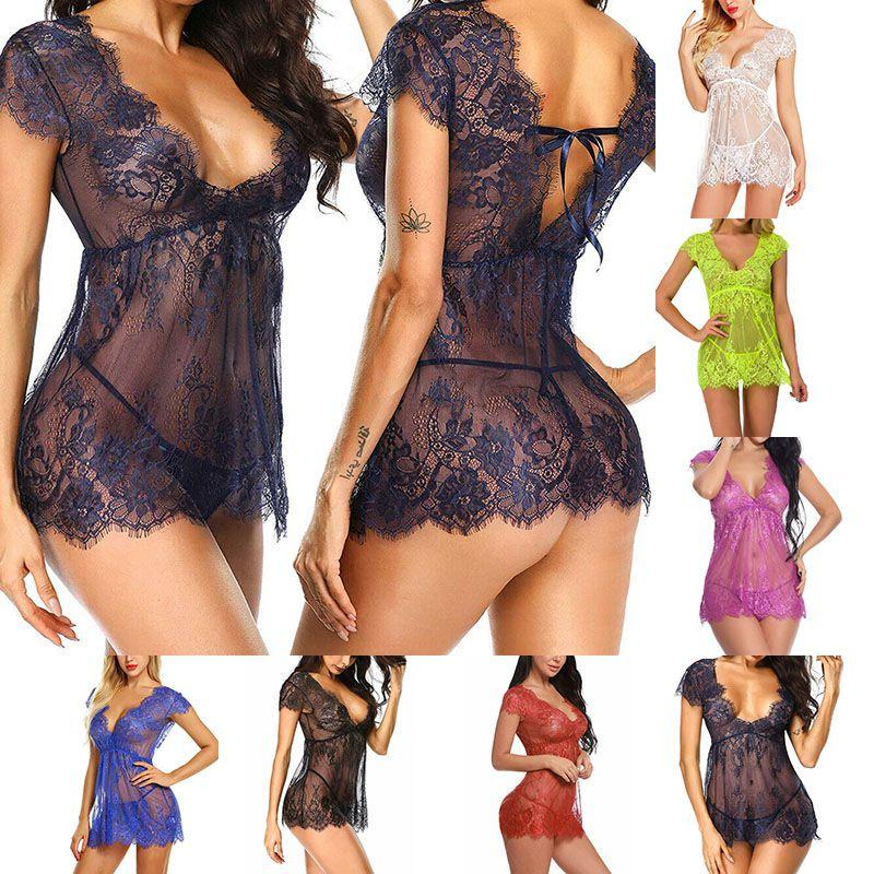 Luxurious Women Eyelash Lace Sexy Lingerie See-through Babydoll Sleepwear Dress T-back Set For Elegant Nights