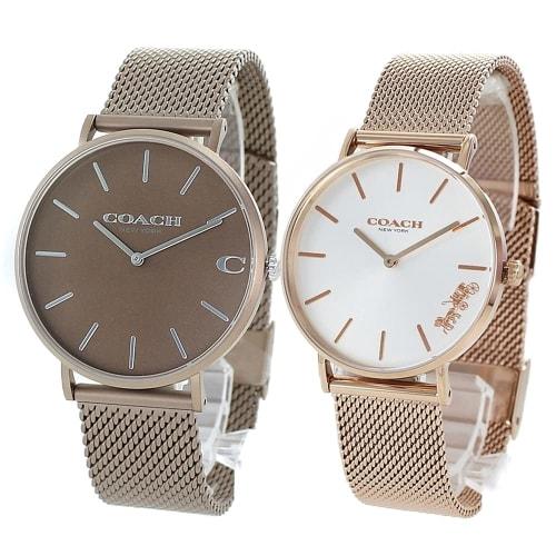 Coach Pair Watch Storage Box for Men and Women, Brown and Rose Gold Mesh Bracelet, 1460247114503126