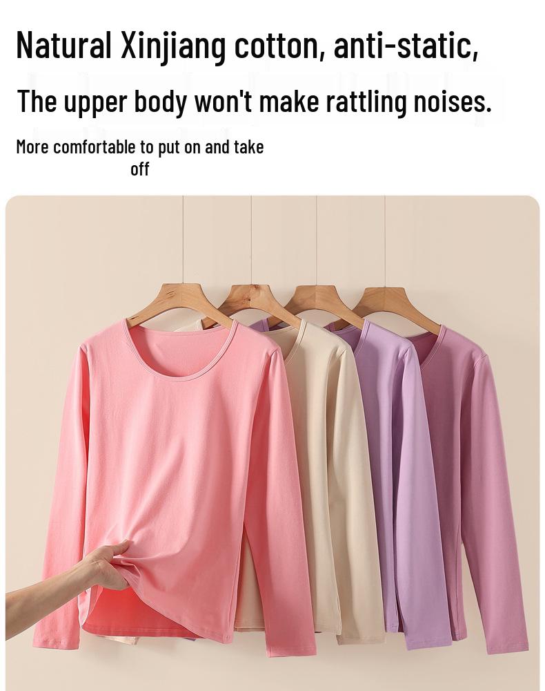 Women's Pure Cotton Long Sleeve Knit Top - Medium Thickness, Warm Autumn/Winter Base Layer, Thermal Cotton Wool Sweater