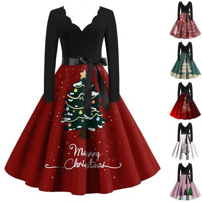 Women's Christmas Casual Fashion V-Neck Long Sleeve Printed Vintage Dresses