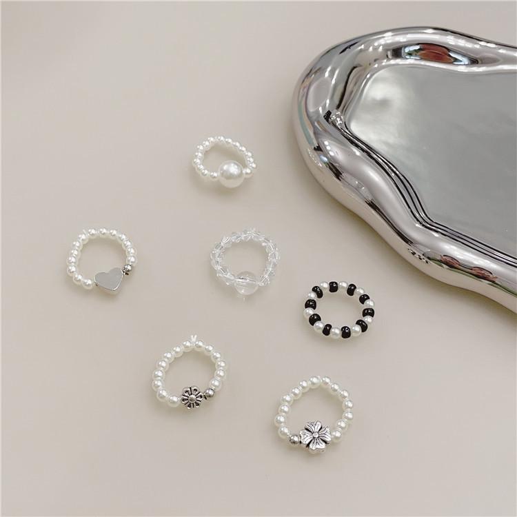 Korean Retro Geometric Heart & Clover Crystal Pearl Ring