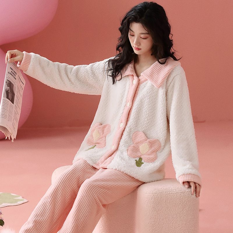 Coral Velvet Pajama Lady Autumn Winter Thickened Sweet Pure Wind Warm Flannel Luxury Outing Home Wear Set Comfortable Antistatic