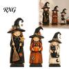Rustic Halloween Home Decor Vintage Wooden Witch Figurine, Statues with Table Decorations Broom Pumpkin Black Cat, Fall Farmhouse Tabletop Tiered Tray