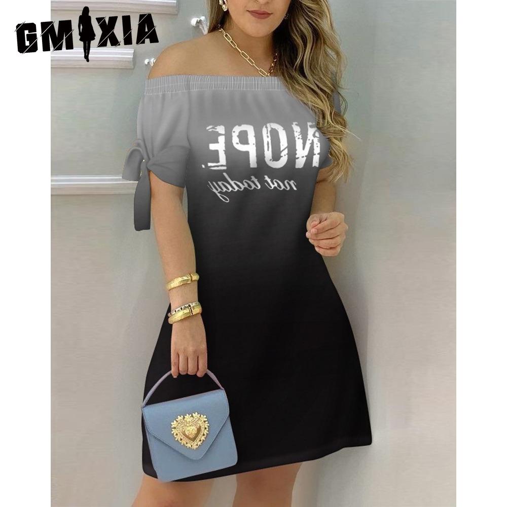 GMXIA Women Fashion Off Shoulder Dress Short Sleeve Bow Tie Print Dresses Summer Beach Dresses Plus Size