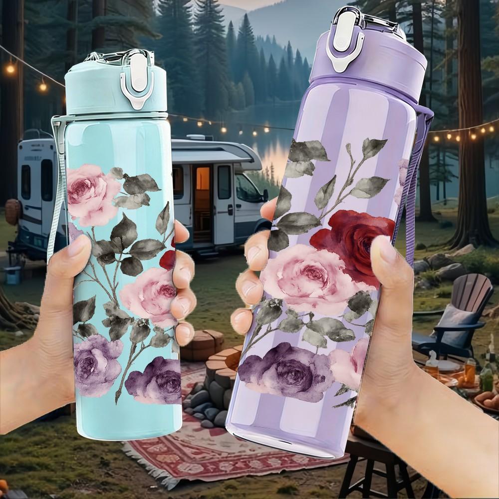 1PC Dusty Rose Mixed Flower Print 750ml Color Plastic Sports Water Bottle Leakproof Flip Straw Lid Suitable for Sports Office Home Use