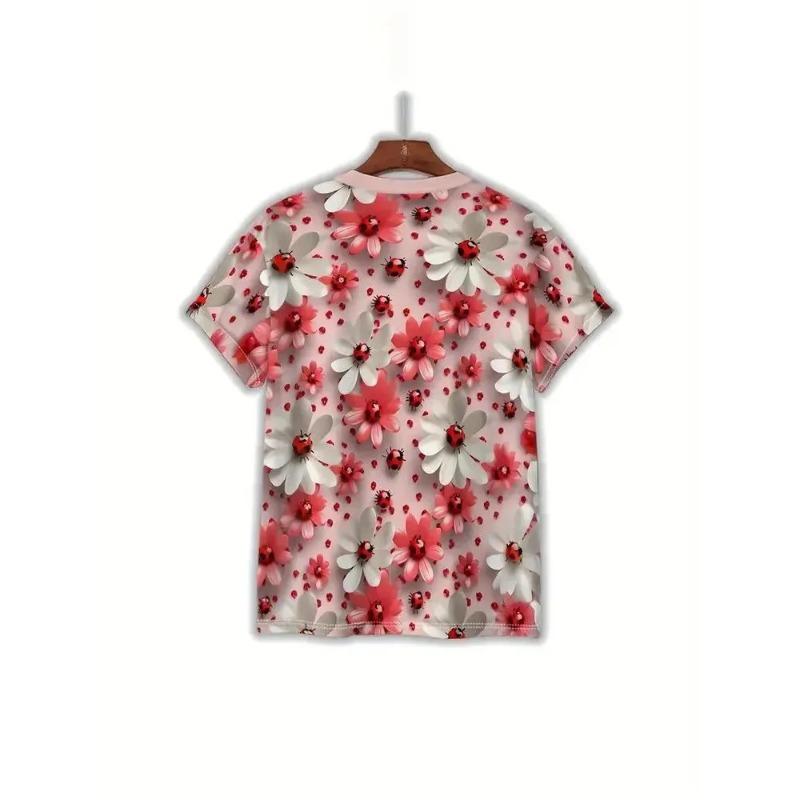 Women's Summer Round Neck Short Sleeved T-shirt Paired with 3D Floral Print Casual Top Breathable and Machine Washable Suitable for Outdoor Daily Wear