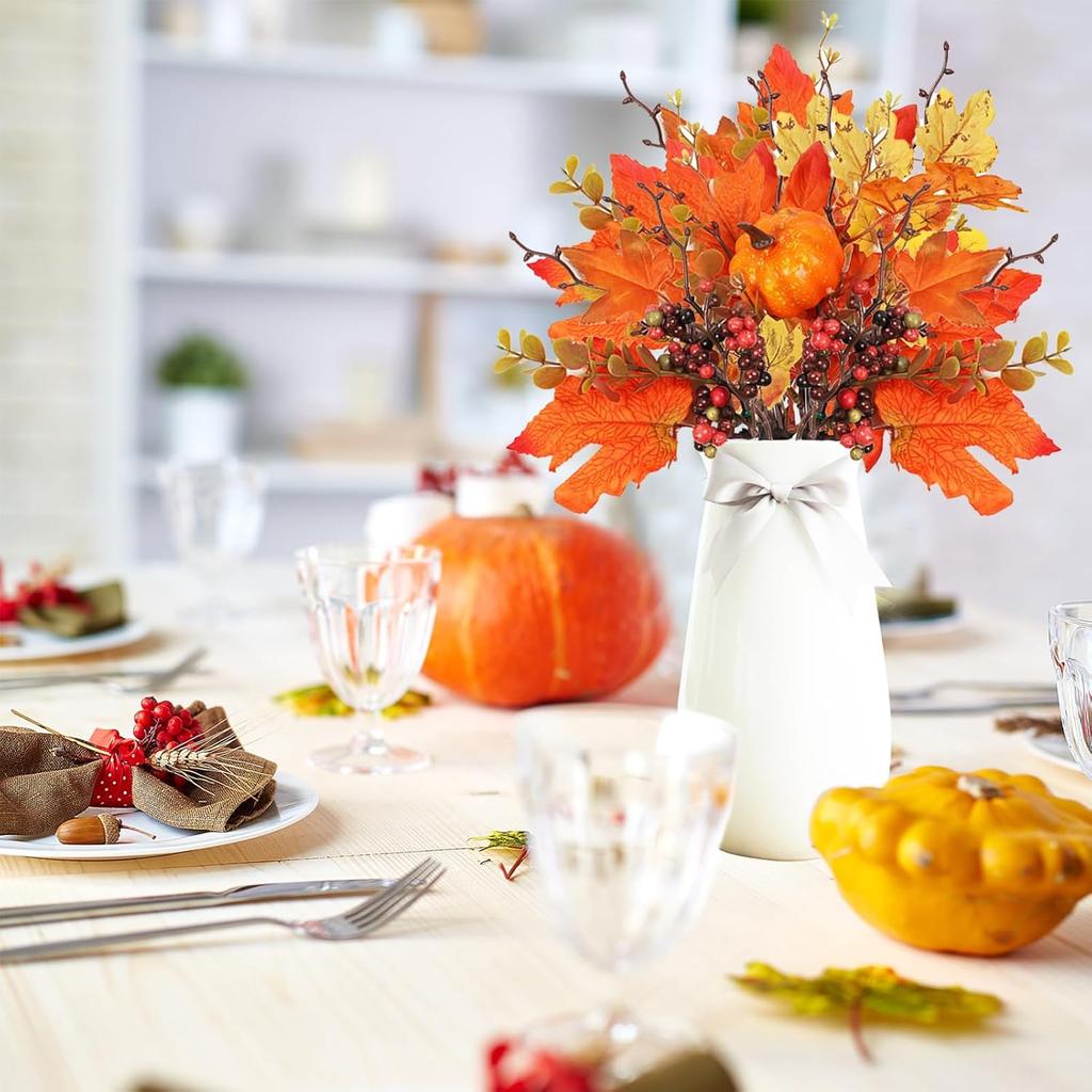 BEIJIALY 6Pcs Fall Floral Picks, Thanksgiving Table Flower Decor Fall Maple Leaves Branches with Pumpkins Berries Decor Fall Silk Leaves Branches for