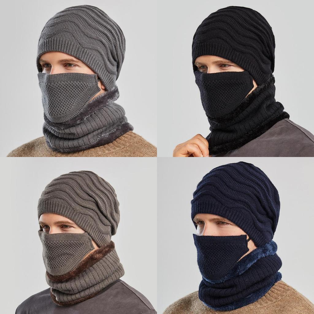Knitted Hat Men Winter Warmth Windproof Cap Scarf Threepiece Set For Commuting