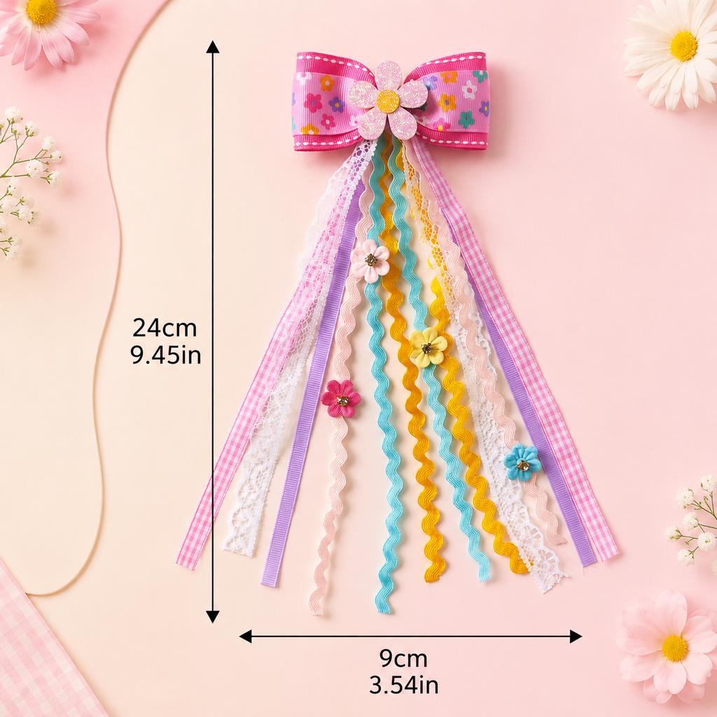 Lovely Rainbow Ribbon Bow Hair Clip Long Tassel Streamer Floral Lace Gingham Hair Barrettes for Kids Girls Cute Hairpins