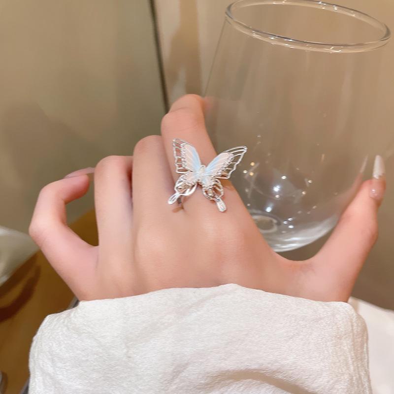 Anel de borboleta colorido estilo coreano - Anel de dedo indicador aberto de luxo versátil para mulheres