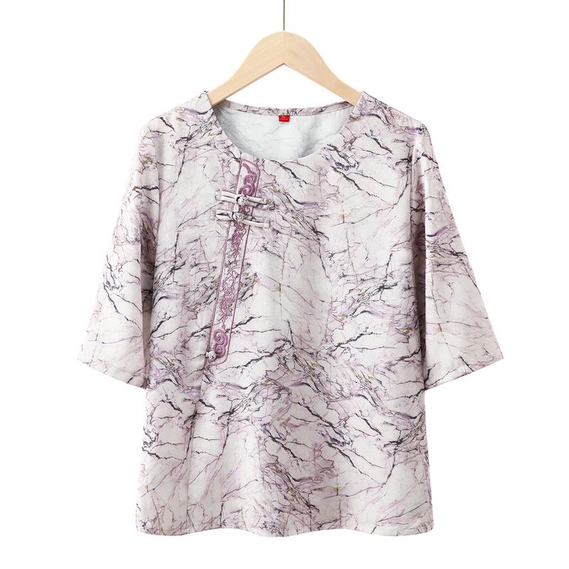New Chinese Style Disc Button Marble Print Shirt 2XL