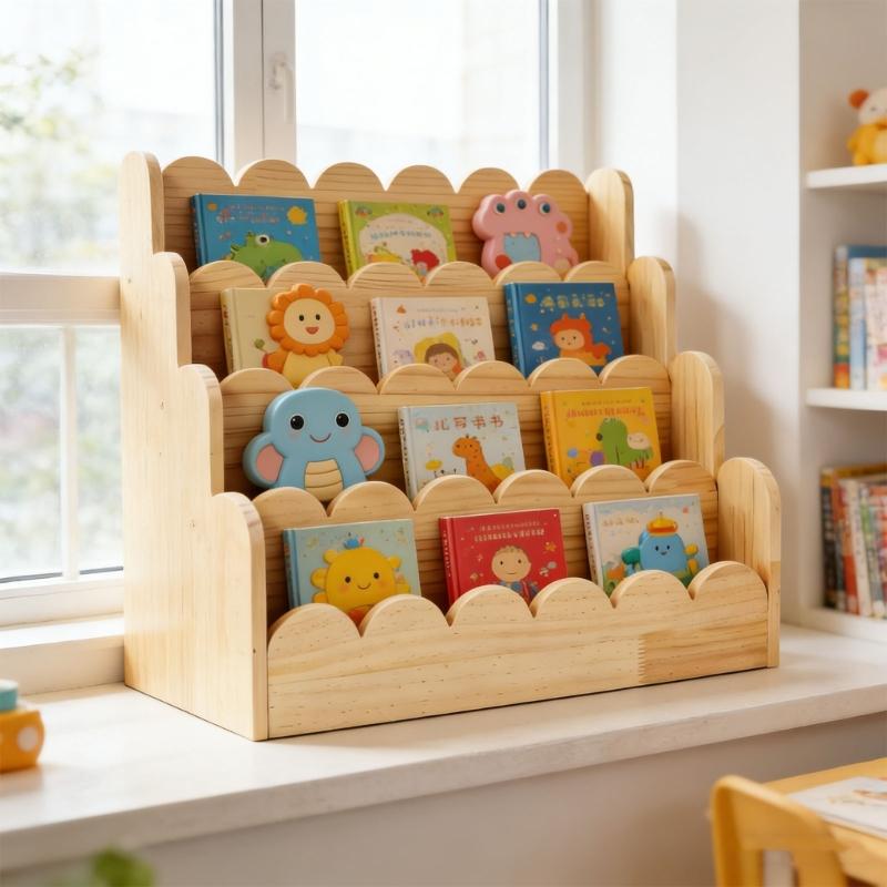 Natürlicher Holz Kinderbuchständer mit 4 Fächern, ideal für Schlafzimmer, Klassenzimmer und Spielbereiche