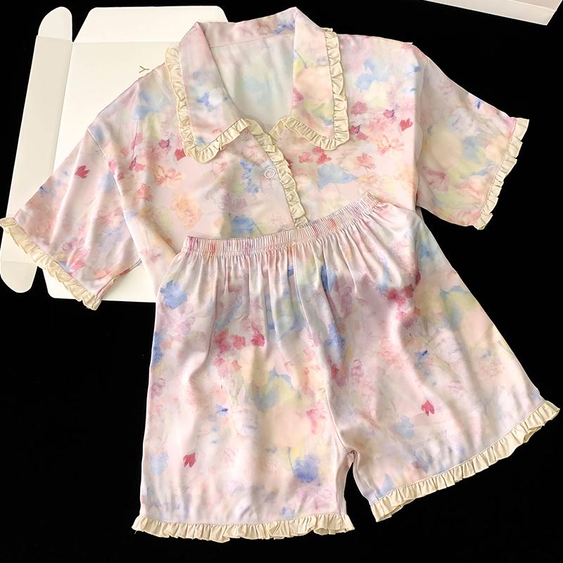 

Французская элегантная милая кружевная женская пижама с оборками, романтический цветочный принт, европейский американский стиль, домашняя одежда, лето XXL розовый