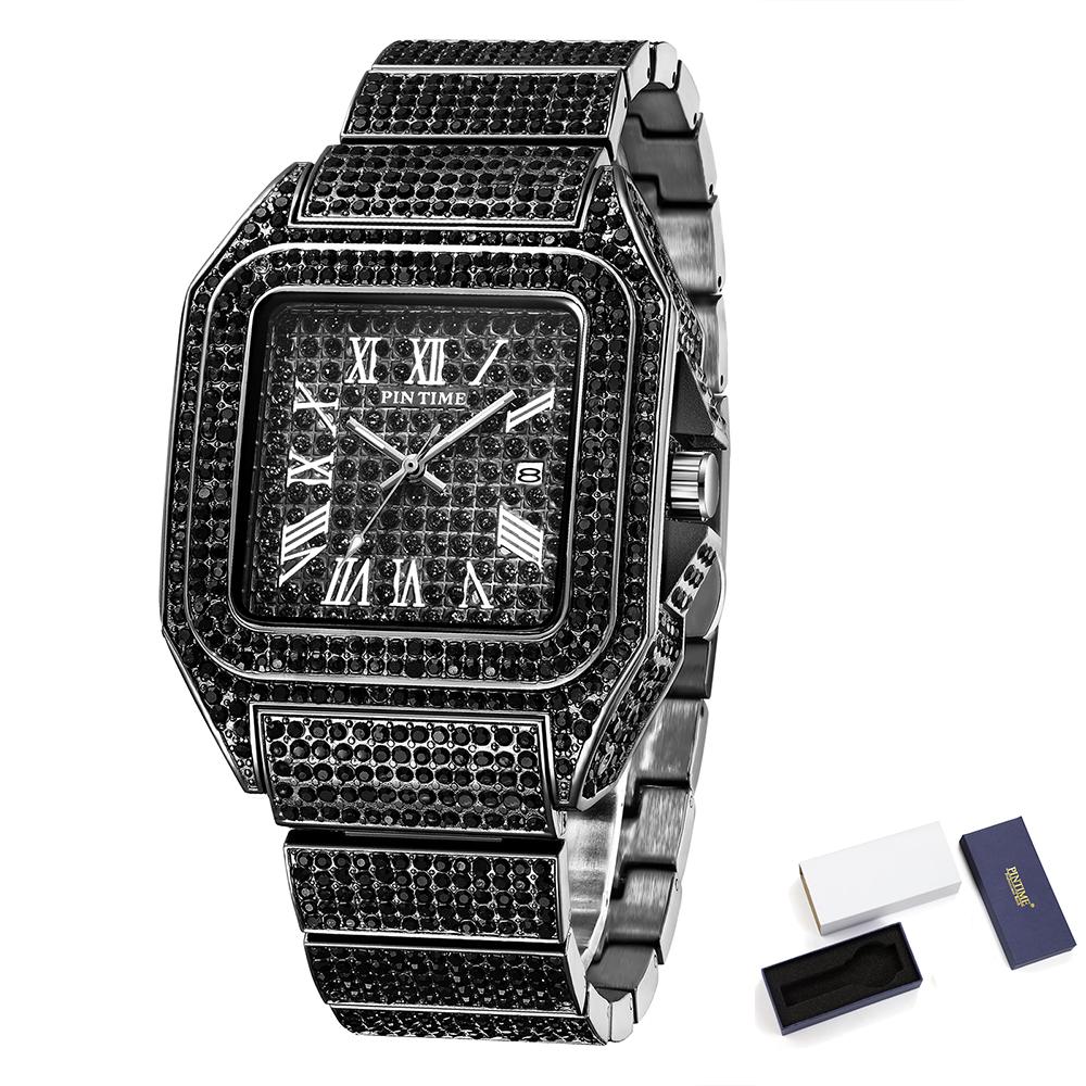 Hip Hop Watch for Men Bling Iced Out Diamond Square Quartz Wristwatch Waterproof 30m Calendar Clock Stainless Steel Montre Homme