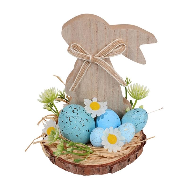 Hand Carved Wood Easter Hare Ornament Wooden Animal Figurine Festival Decoration For Mantels Tabletop Shelf Display