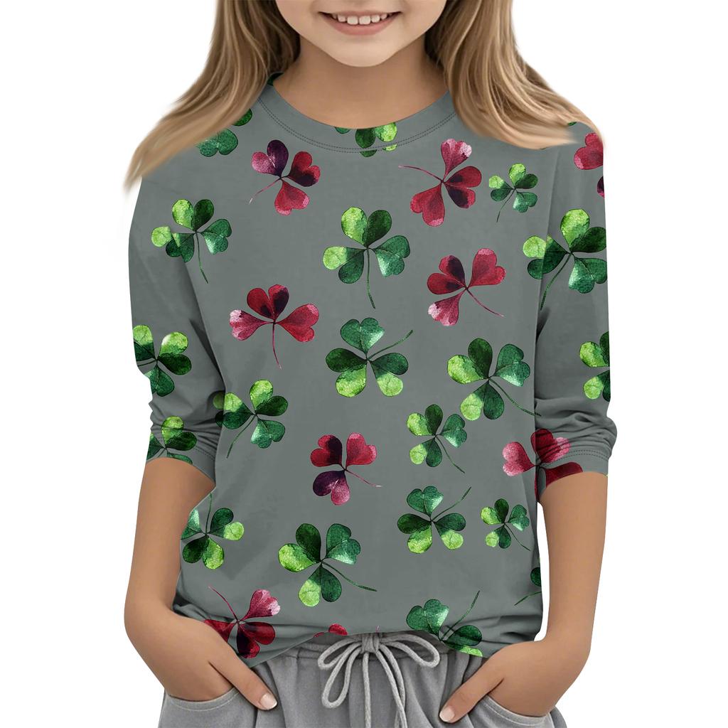 St. Patrick's Day Print Tops For Youth Girls 4-11 Years Round Neck 3/4 Sleeves T-Shirts Trendy Tops Outfit Tees
