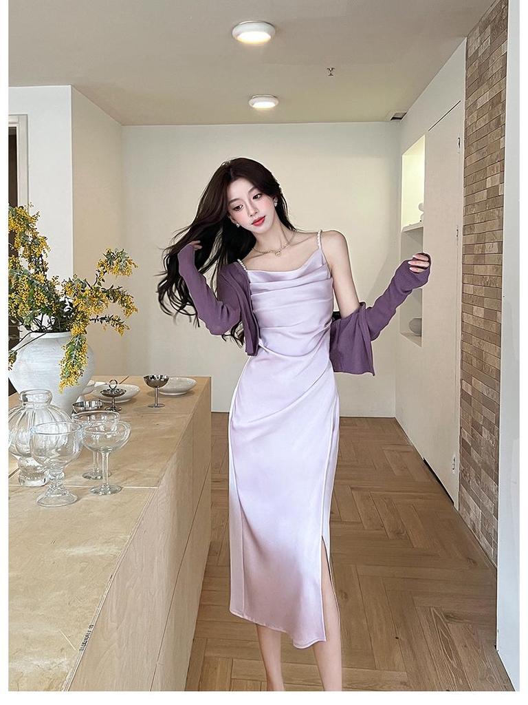 Elegant Summer French Satin Cowl Neck Spaghetti Strap Dress with Beaded Slit