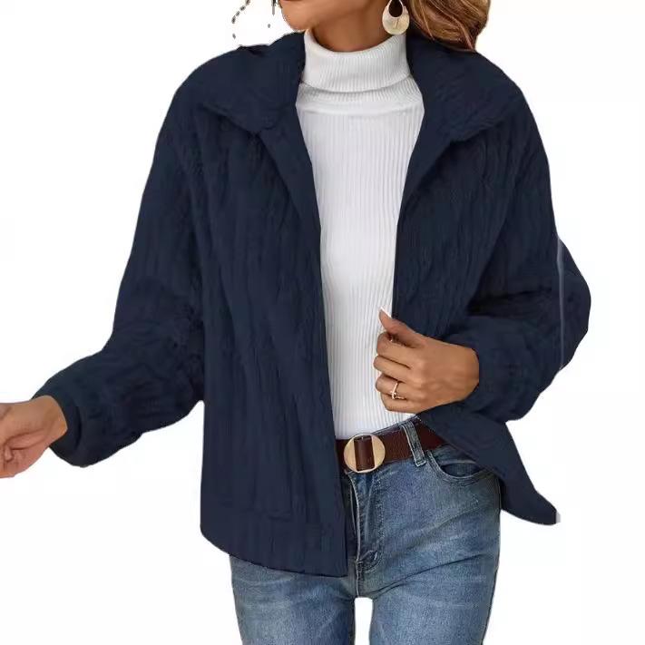 

2025 Autumn/winter Women s Clothing, Pit Striped Plush Cardigan, Lapel, Short Jacket, Autumn/winter Jacket, Thick Design, Solid Color S темно-синий