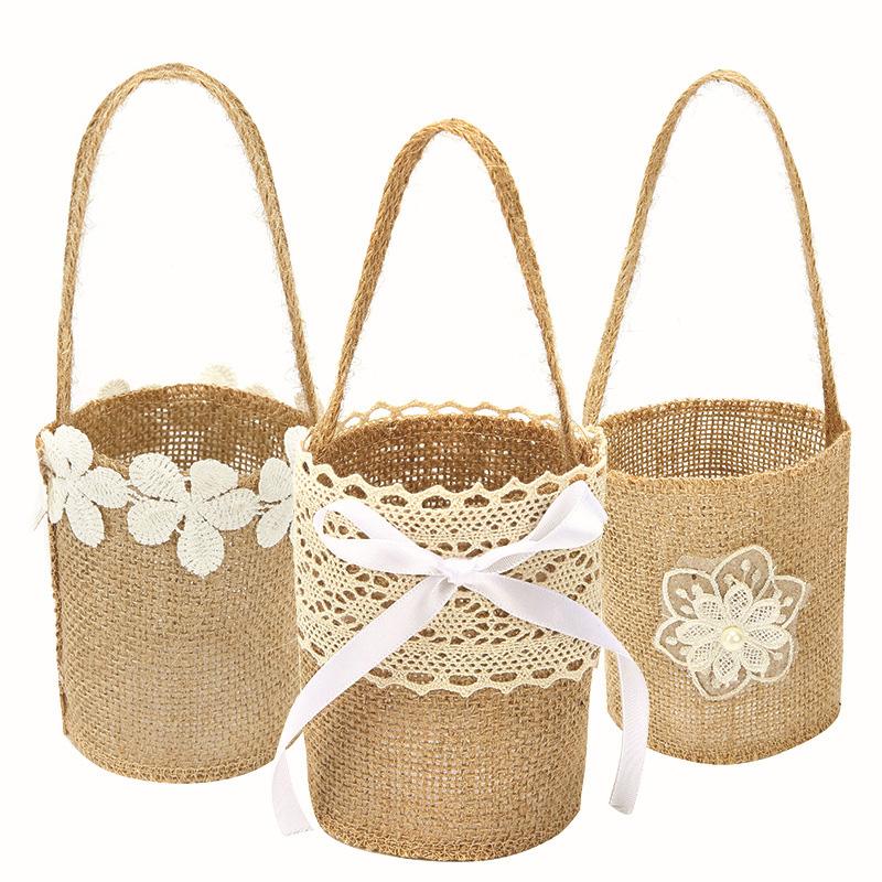 Wedding Lace Burlap Flower Basket Linen Handle Vintage Flower Basket Rustic Wedding Ceremony Lace Satin Flower Basket