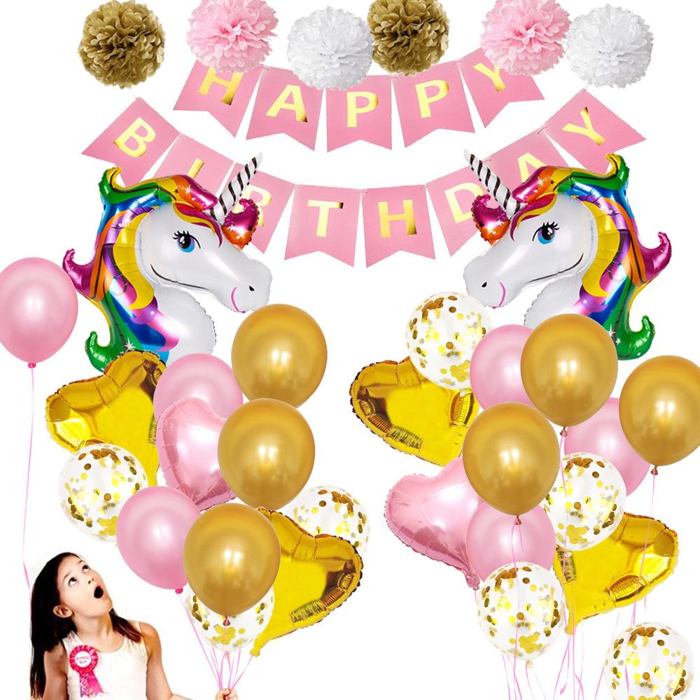 Unicorn Theme Party Decoration Balloon Paper Flower Ball Set Unicorn Balloon Fishtail Flag Birthday Party Decoration