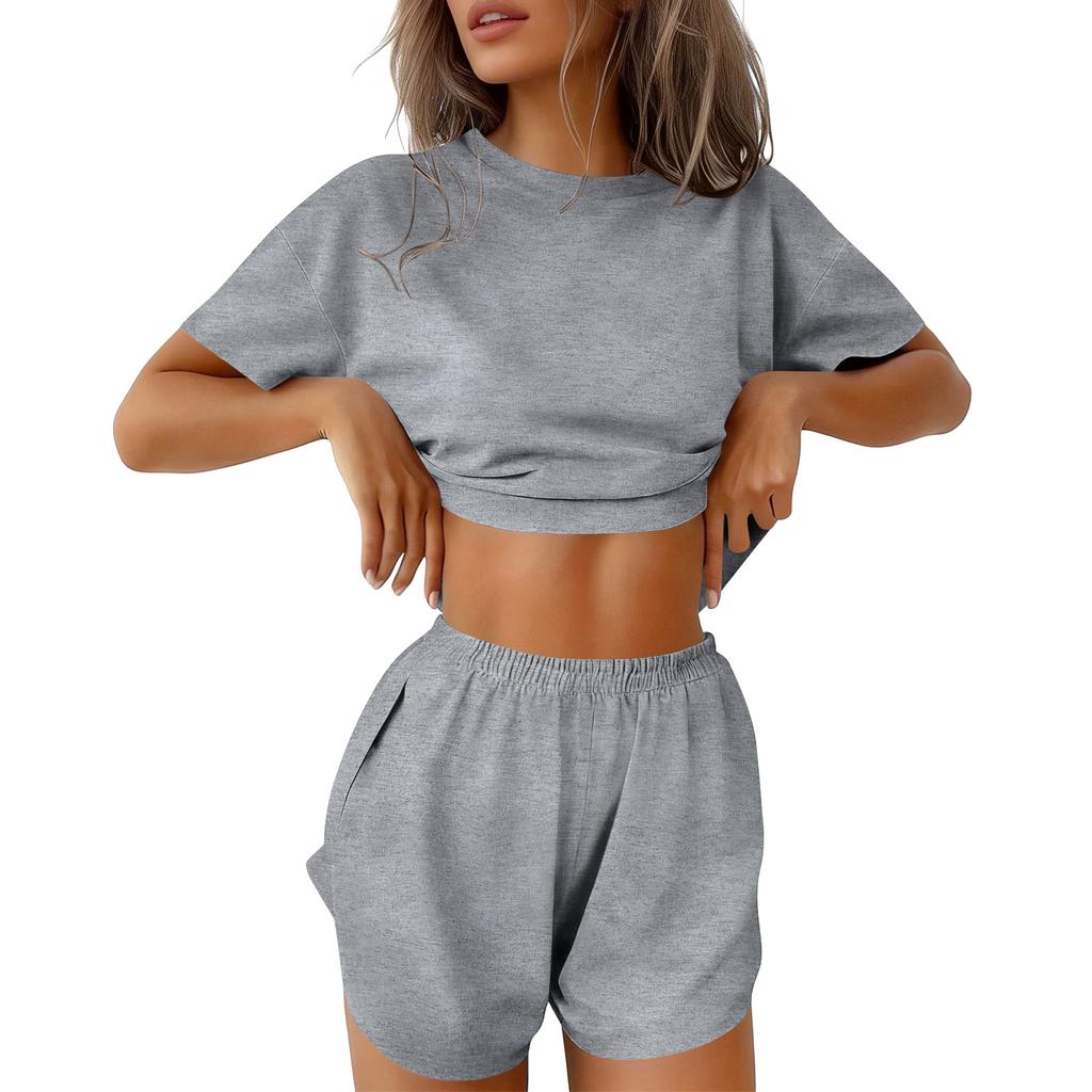 Damen-Pyjama-Set Kurzarm Gestreift Bedruckt Zweiteilig Loungewear Nacken-Pyjama Split-Shorts-Set Weiche Nachtwäsche