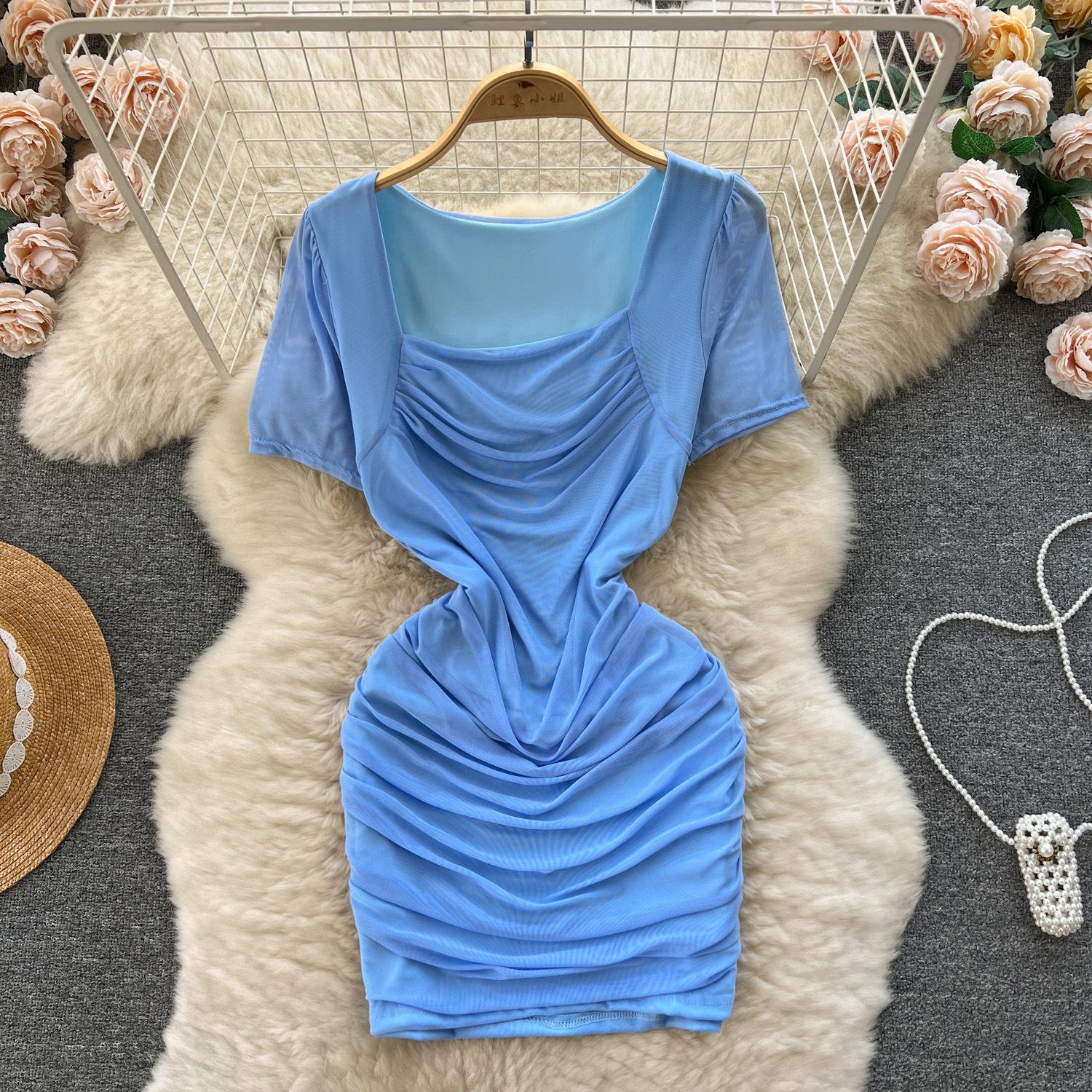 

Женское летнее весеннее эластичное платье трапециевидной формы с короткими рукавами и квадратным вырезом, мини-длина с высокой талией