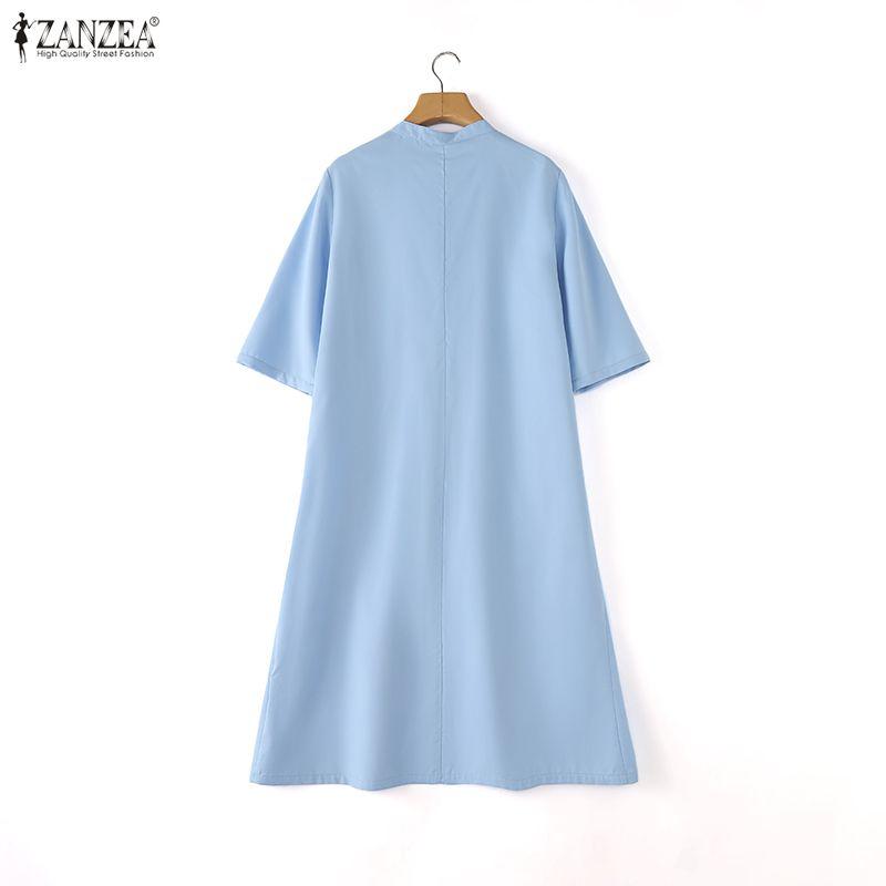 ZANZEA Women Casual V-Neck Solid Color 3/4 Sleeve Loose Dress