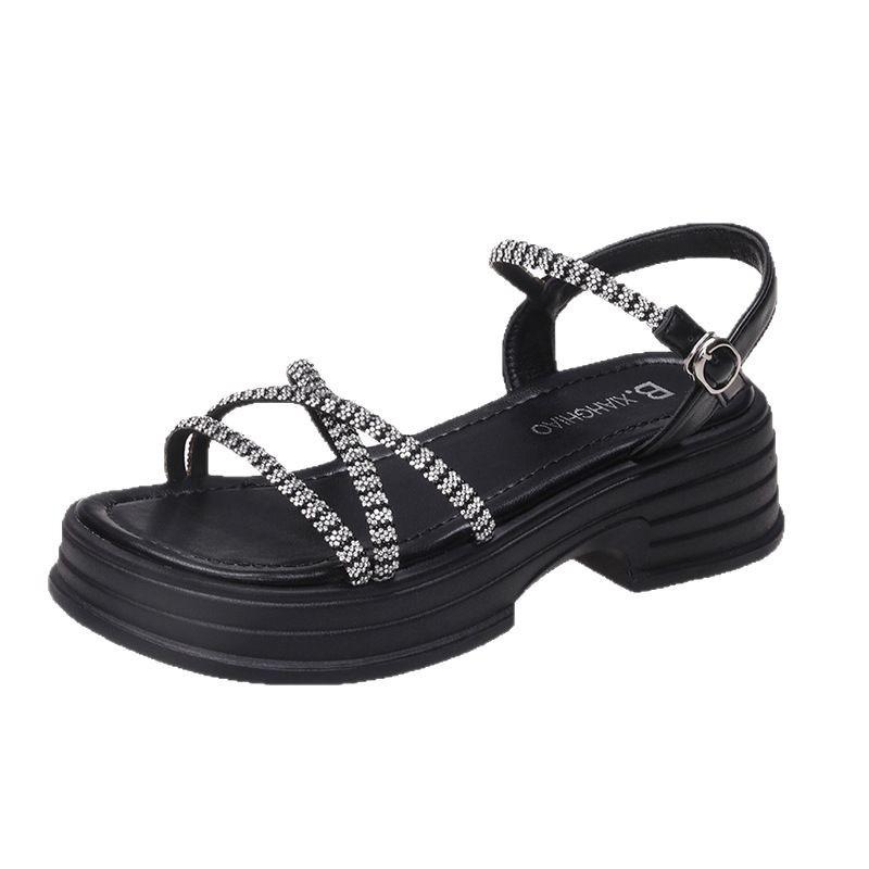Women's shoes 2025 summer new rhinestone muffin high heel wear platform fairy style summer with skirt versatile sandals