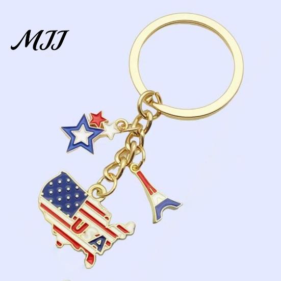 Star Shaped Keychain Independence Day Pendant, Enamel Zinc Alloy Key Holder with Feather Design USA Letters Stars Hearts Patriotic Design, American