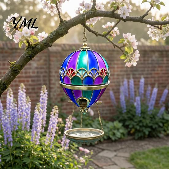 Bird Bath Feeder Hot Air Balloon Feeder, Retro Stained Glass Art with Water Patio Tray, Hanging for Outdoor Garden Backyard Feeding Station