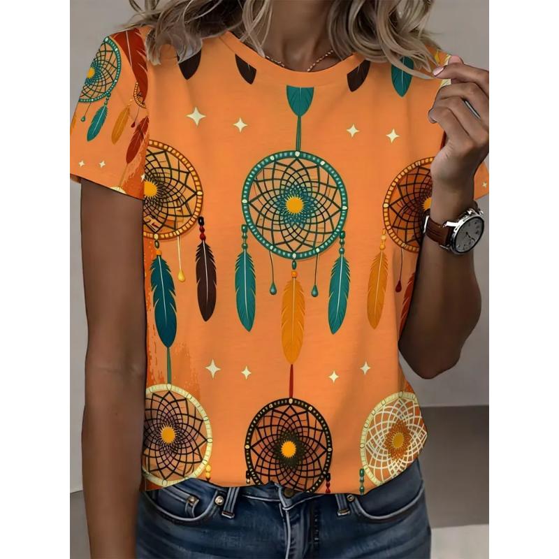 Moda Donna Girocollo Manica Corta Stampa Floreale 3D T-shirt a Manica Corta Girocollo con Fiori Colorati
