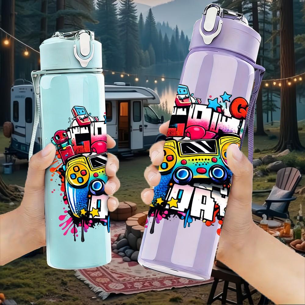 1PC Fun Birthday Party Graffiti Art Print 750ml Color Plastic Sports Water Bottle Leakproof Flip Straw Lid Suitable for Sports Office Home Use