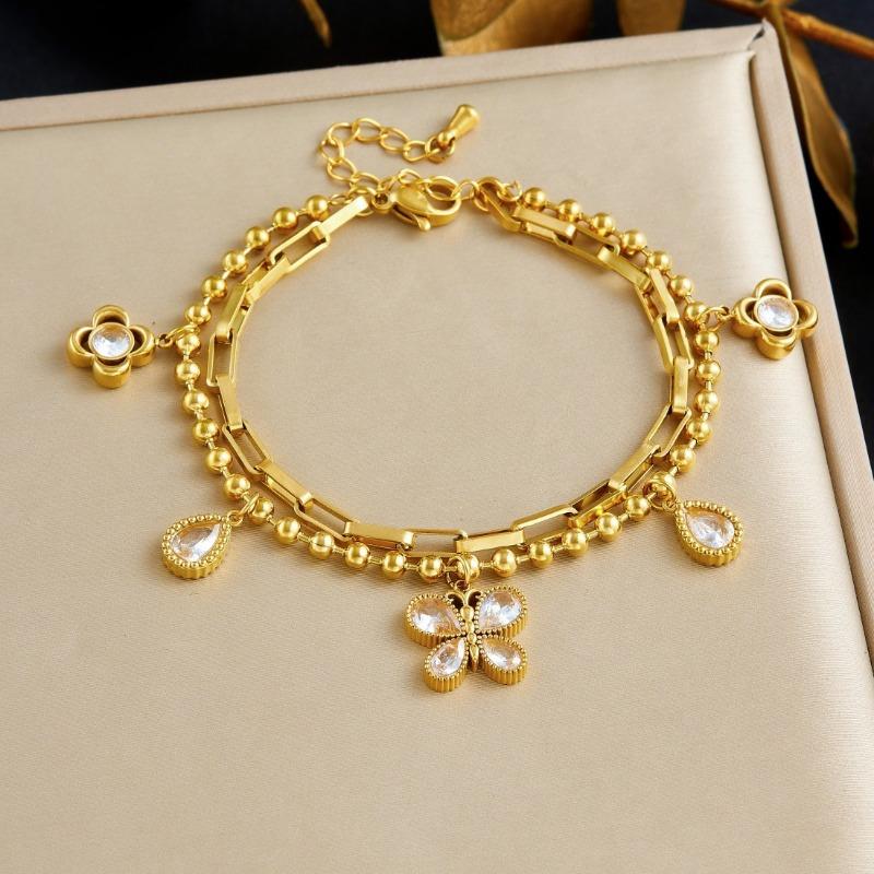 Gold Double-layer Butterfly Charm Bracelet with Crystal Accents золотой