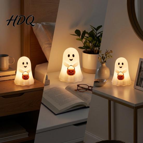 Ghost Festival Party Favors Cute Holding Pumpkin Bucket Table Lamp Halloween Spooky Bedside Reusable Holiday Decorations Small LED Night Light