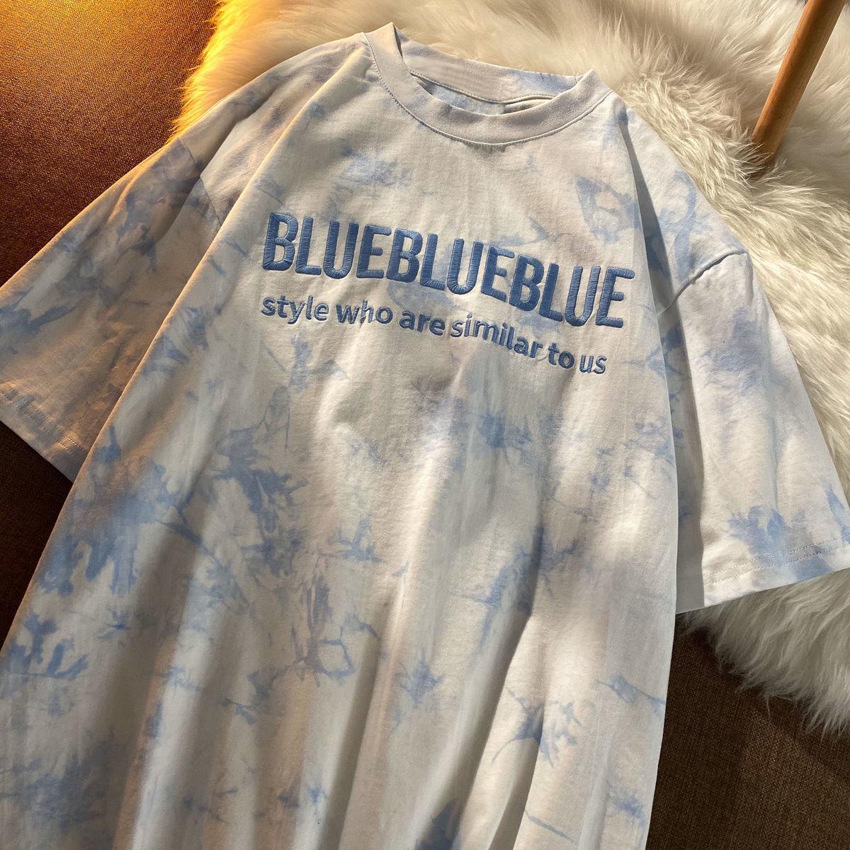 

2023 Mid-Length Korean Tie-Dye Embroidered Short Sleeve Women s Loose Summer T-shirt XL синій