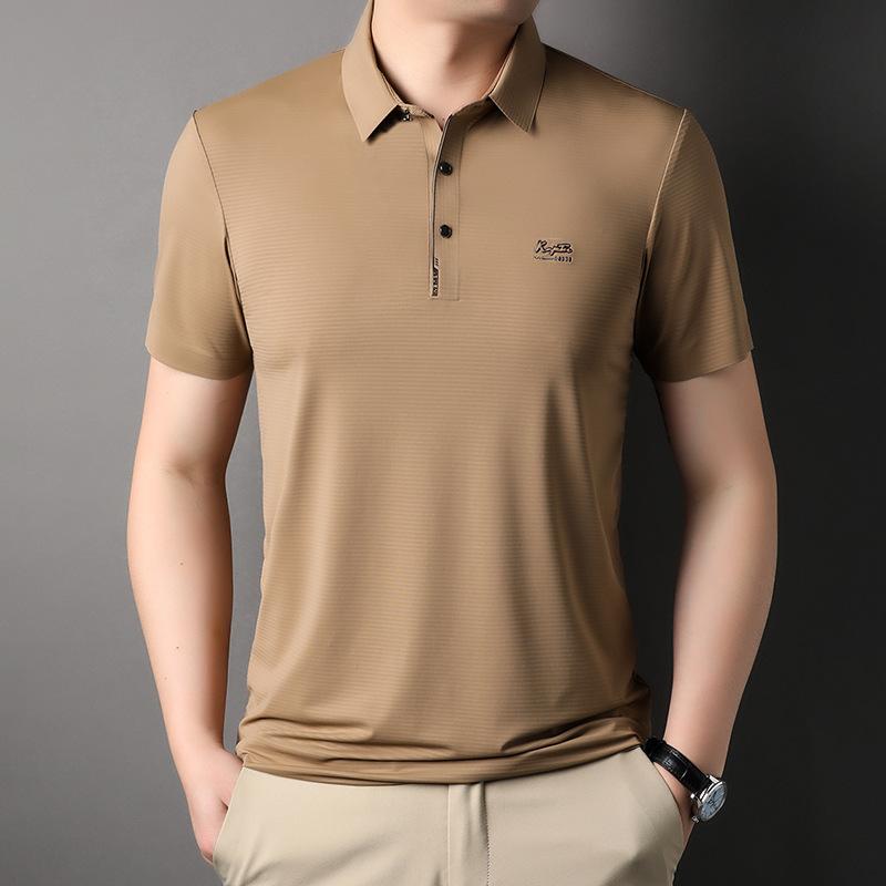 Summer Seamless Ice Silk Lapel Short-sleeved T-shirt Men's Business Casual Printed Stretch Polo Shirt Men's Clothing