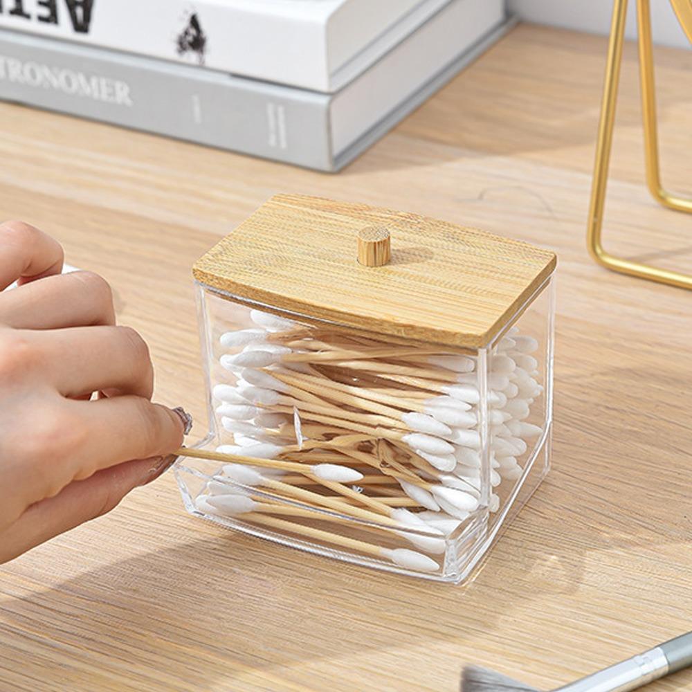 Cotton Swab Storage Box Double Head Cotton Bud Container with Bamboo Cover Transparent Square Cotton Swab Toothpick Organize Box