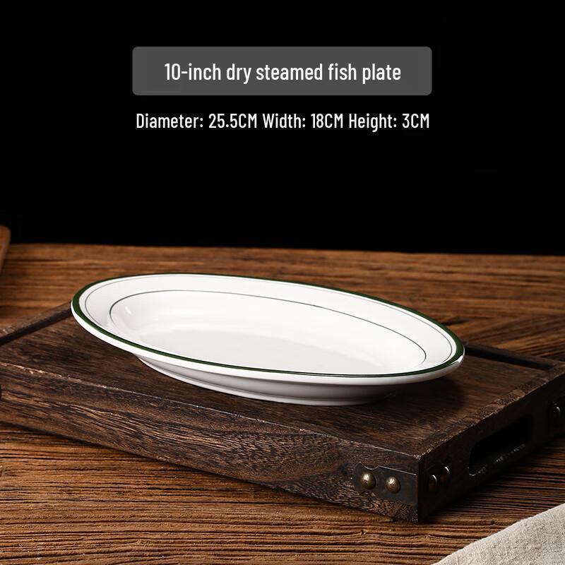Molona 10-inch Oval Ceramic Steamed Fish Plate with Green Line