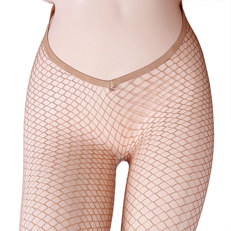 Women's Glittering V-Waist Fishnet Stockings with Silver and Gold Threads for Nightclub or Stage Wear