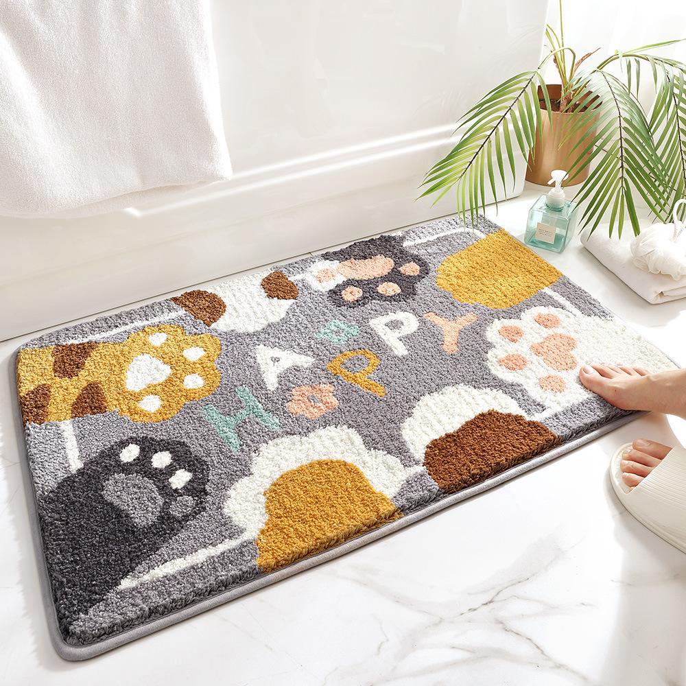 Cartoon Cat Flocking Bath Mat, Thickened Microfiber Super Absorbent Anti-Slip Bathroom Rug, Soft Bathroom Carpet for Home Decor