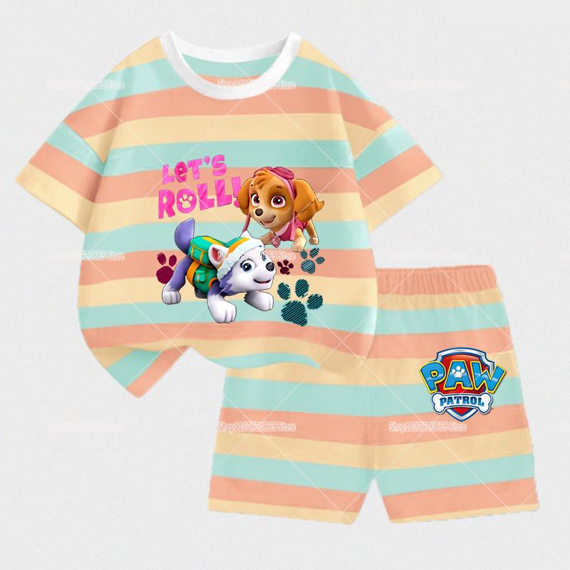 2-piece Paw Patrol Children's Summer Striped Set Cute T-shirt and Shorts Casual Fashion Clothing Gift