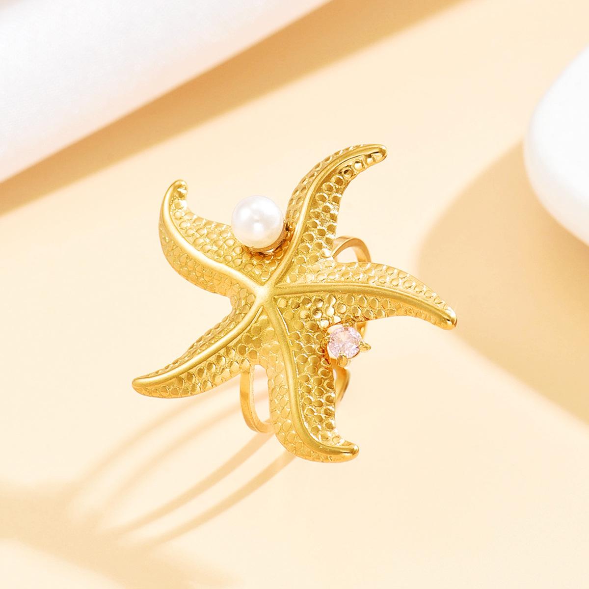 Elegant Holiday Rhinestone Star Stainless Steel Ring with Colored Zirconia  Pearl